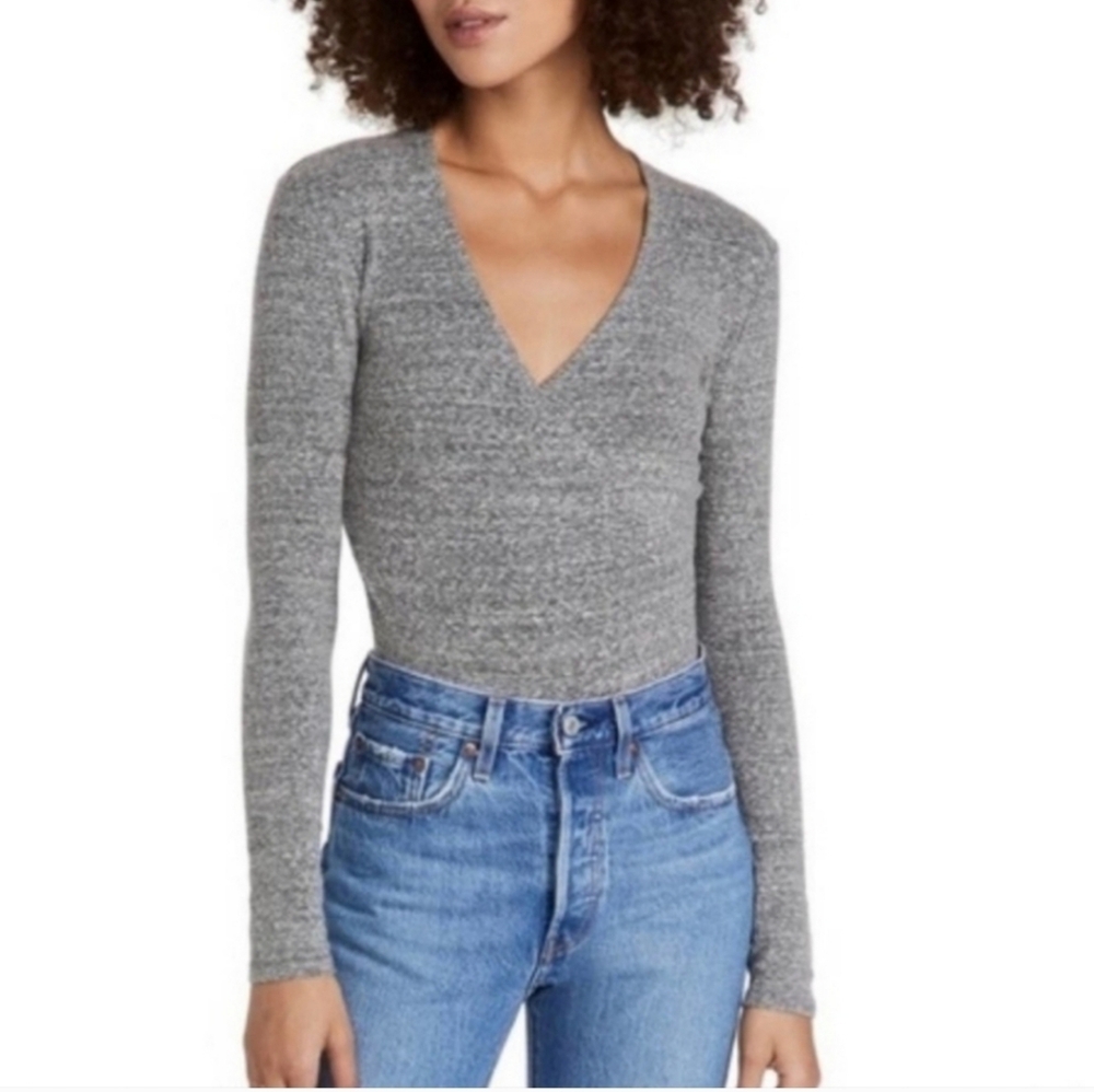Madewell Wrap Bodysuit, XL Marled Heathered Grey, Long Sleeve Top